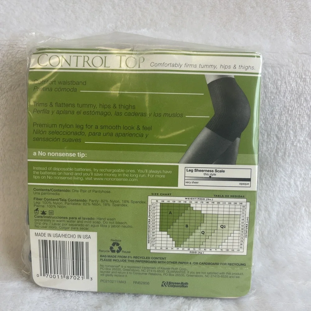 No Nonsense Control Top Off Black Sheer Toe Pantyhose Size B‎ M43 New